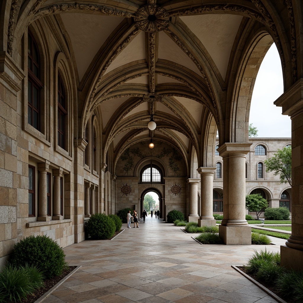 Prompt: Ancient stone archways, rustic Romanesque columns, ornate carvings, grand entrance halls, vaulted ceilings, stained glass windows, intricate mosaics, weathered stone walls, moss-covered facades, lush greenery, overcast skies, soft warm lighting, shallow depth of field, 3/4 composition, symmetrical framing, realistic textures, ambient occlusion.