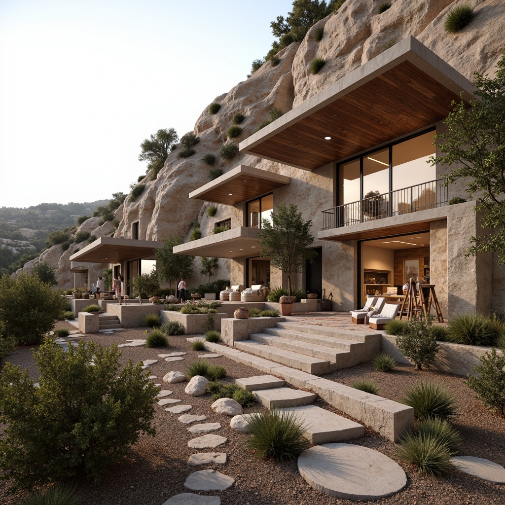 Prompt: Rustic hillside, natural stone walls, earthy tones, organic curves, cantilevered roofs, large overhangs, wooden accents, steel beams, minimalist decor, floor-to-ceiling windows, sliding glass doors, panoramic views, surrounding landscape, native vegetation, winding pathways, outdoor seating areas, soft warm lighting, shallow depth of field, 3/4 composition, realistic textures, ambient occlusion.