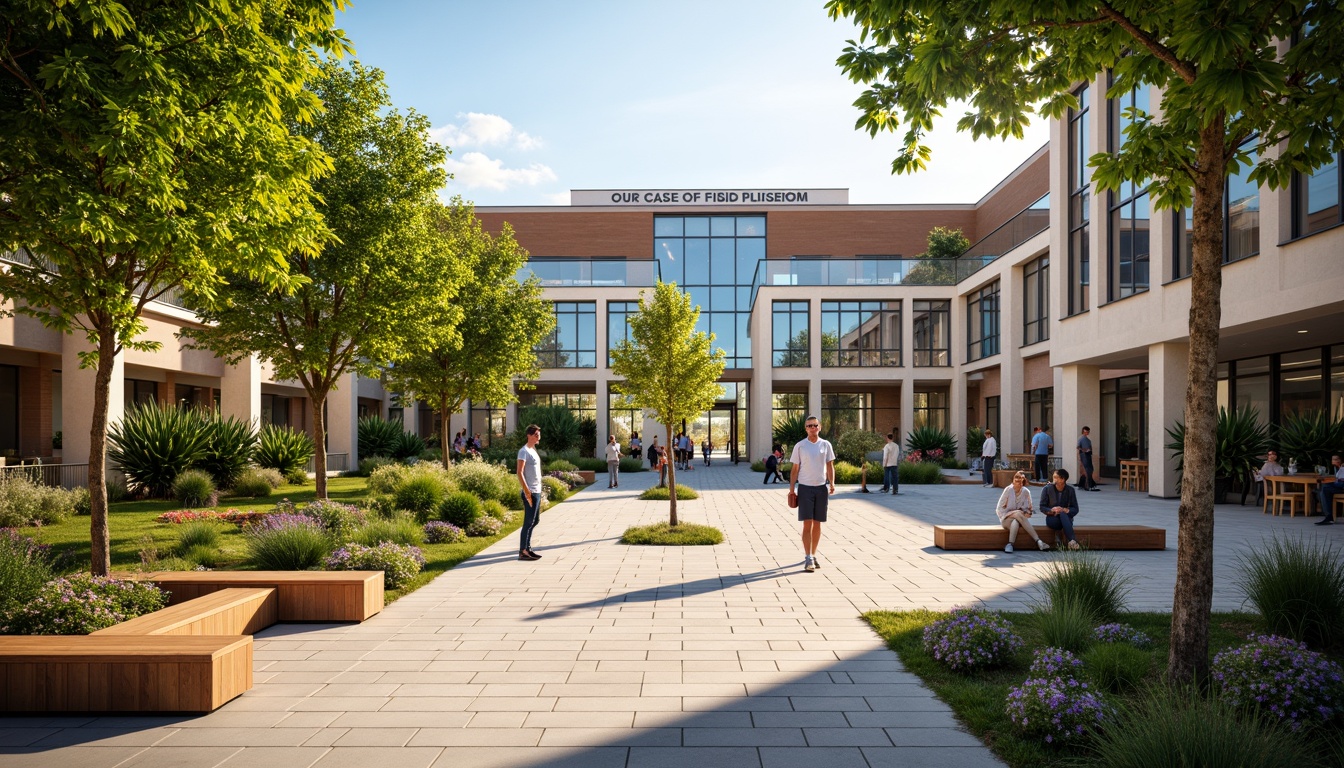 Prompt: Vibrant student hall, open courtyard, lush greenery, natural stone flooring, wooden benches, educational signage, modern architecture, large windows, glass doors, blooming trees, sunny day, soft warm lighting, shallow depth of field, 3/4 composition, panoramic view, realistic textures, ambient occlusion, communal seating areas, flexible furniture arrangements, collaborative learning spaces, social interaction zones, relaxation nooks, calming water features, natural ventilation systems, energy-efficient design.