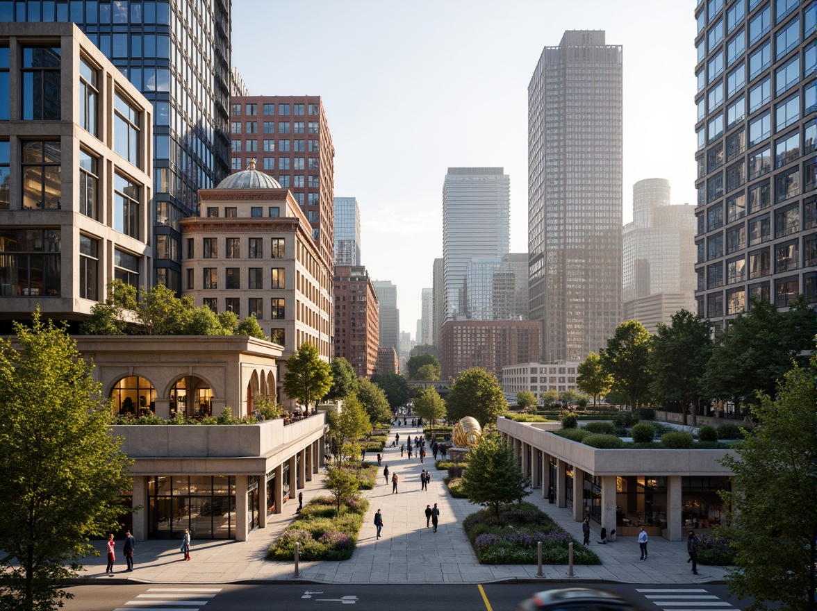 Prompt: Vibrant cityscape, mixed-use development, pedestrian-friendly streets, green roofs, urban gardens, public art installations, modern skyscrapers, sleek glass facades, metallic accents, bustling street life, morning rush hour, soft warm lighting, shallow depth of field, 3/4 composition, panoramic view, realistic textures, ambient occlusion.