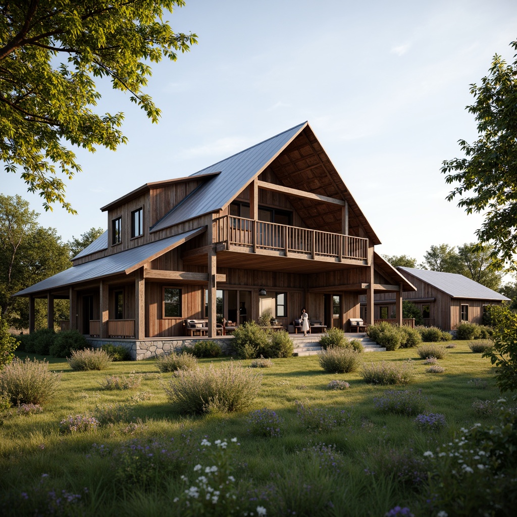 Prompt: Rustic barn, reclaimed wood, earthy tones, natural materials, weathered metal roofs, wooden beams, stone foundations, lush greenery, wildflowers, sunny day, soft warm lighting, shallow depth of field, 3/4 composition, panoramic view, realistic textures, ambient occlusion, eco-friendly design, sustainable building practices, rainwater harvesting systems, solar panels, wind turbines, composting toilets, recycled materials, low-carbon footprint, organic farm-to-table concept.