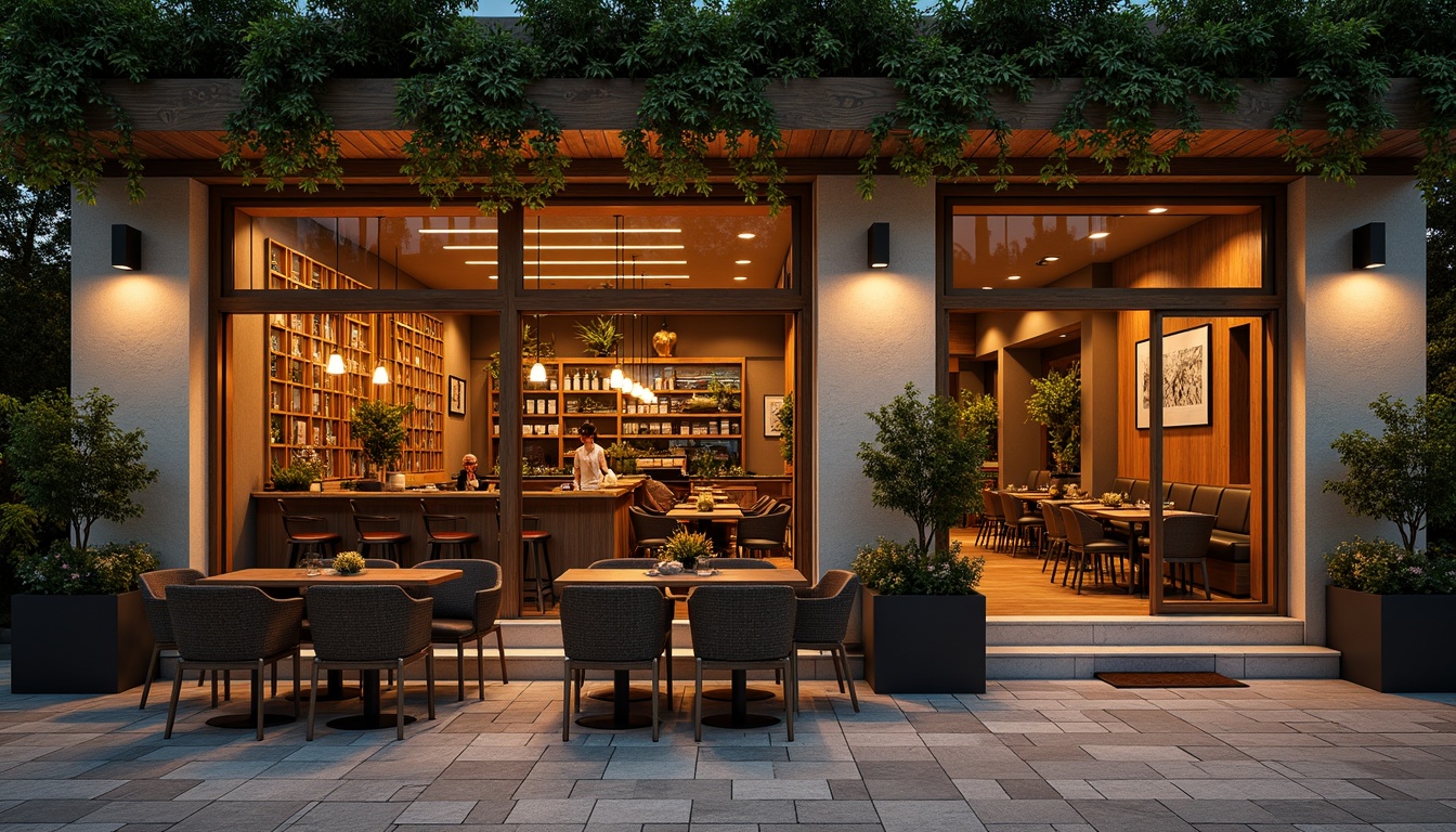 Prompt: Warm inviting restaurant facade, rustic wooden accents, earthy tone brick walls, large glass windows, sliding doors, outdoor seating areas, lush greenery, pendant lighting, natural stone flooring, reclaimed wood decorations, cozy ambiance, soft warm lighting, shallow depth of field, 3/4 composition, panoramic view, realistic textures, ambient occlusion.