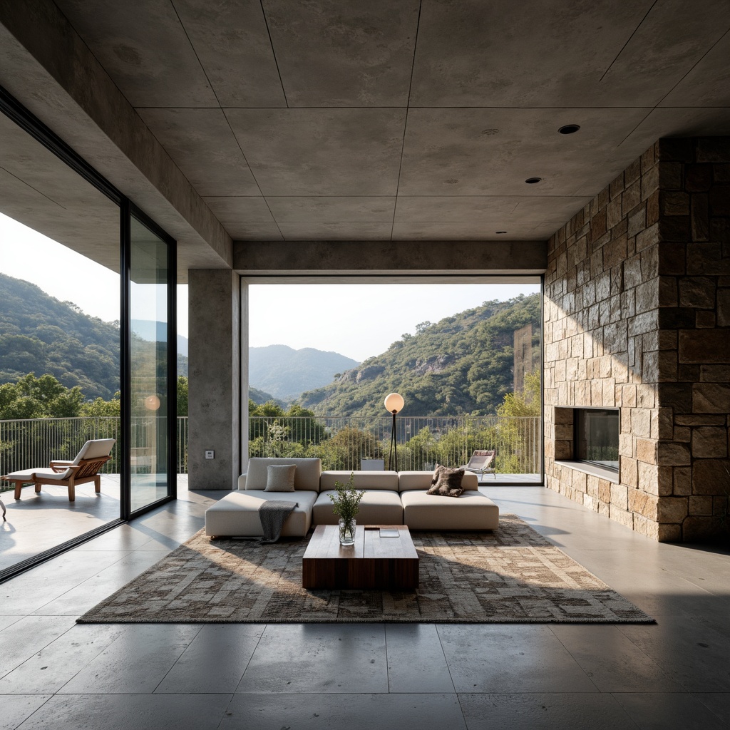 Prompt: Canyon-inspired modernist building interior, open-plan living space, minimalist decor, sleek low-profile furniture, polished concrete floors, industrial-style metal beams, floor-to-ceiling windows, panoramic canyon views, natural stone accent walls, geometric patterned rugs, monochromatic color scheme, ambient soft lighting, 1/1 composition, shallow depth of field, realistic textures, subtle shadows.