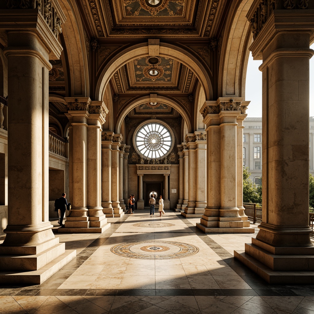 Prompt: Ancient bank building, Romanesque style architecture, robust stone columns, ornate capitals, rounded arches, vaulted ceilings, grand entrance hall, marble floors, intricate mosaics, stained glass windows, warm golden lighting, shallow depth of field, 1/1 composition, symmetrical view, realistic textures, ambient occlusion.