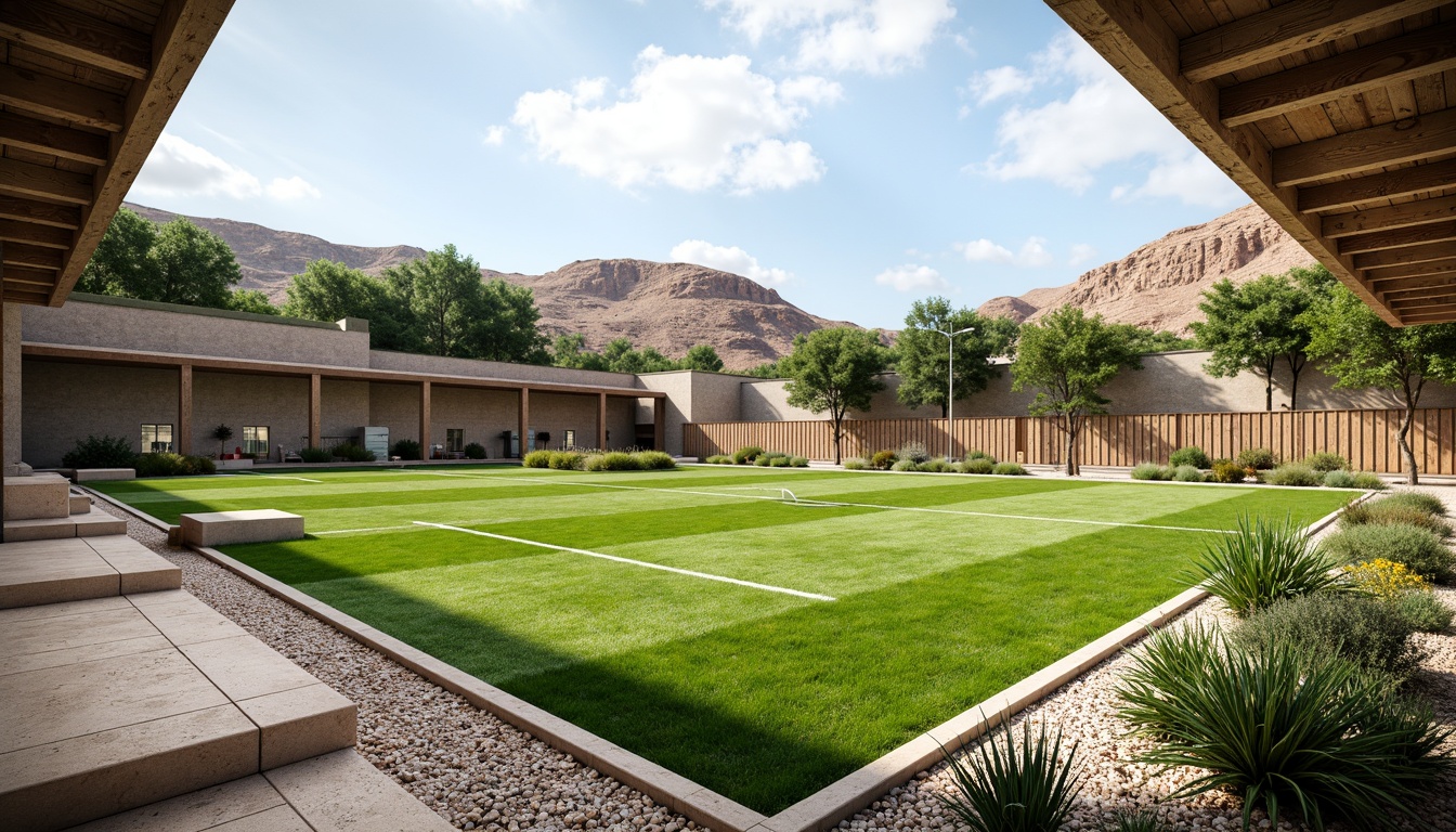 Prompt: Rustic sports field, undulating terrain, natural stone walls, weathered wood fences, vibrant green grass, athletic tracks, soccer goals, basketball hoops, tennis courts, modernist structural elements, exposed steel beams, concrete foundations, geometric shapes, minimalist landscaping, drought-resistant plants, succulent gardens, gravel pathways, sunny day, high-contrast lighting, dramatic shadows, 1/2 composition, wide-angle lens, realistic textures, ambient occlusion.