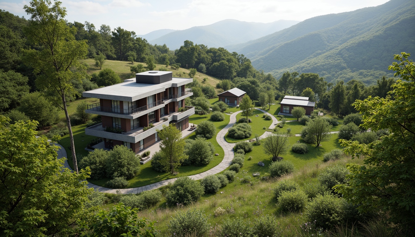 Prompt: Rustic hillside, lush green vegetation, winding stone pathways, modernist Bauhaus buildings, flat roofs, rectangular forms, industrial materials, steel frames, large windows, minimalist decor, functional design, harmonious integration, natural surroundings, rolling hills, serene atmosphere, soft diffused lighting, shallow depth of field, 2/3 composition, panoramic view, realistic textures, ambient occlusion.