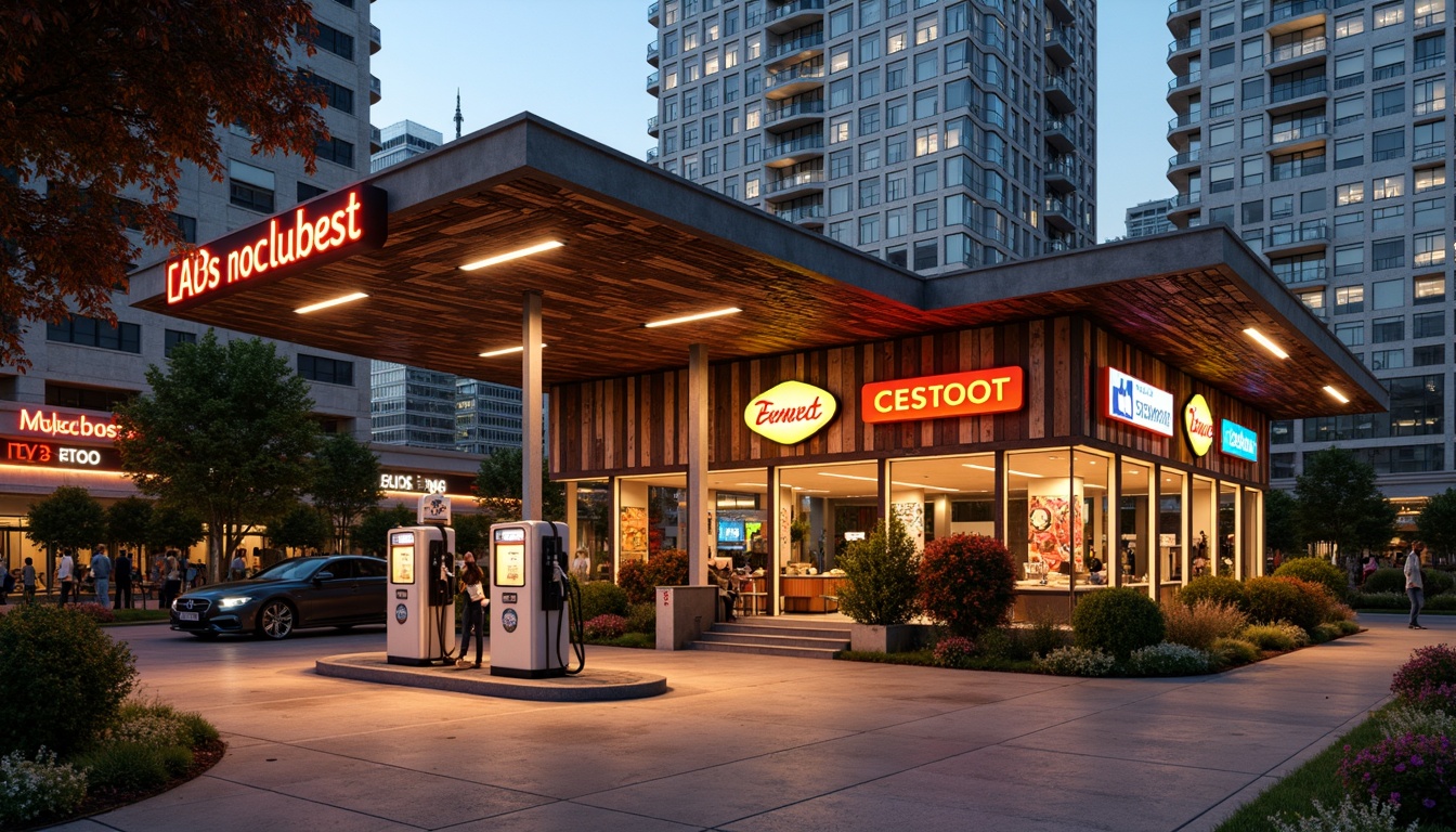 Prompt: Retro-futuristic gas station, eclectic mix of materials, distressed metal cladding, reclaimed wood accents, vibrant neon signs, bold color blocking, industrial-style lighting fixtures, polished concrete floors, exposed ductwork, corrugated steel roofs, ornate decorative tiles, vintage-inspired fuel pumps, modern LED signage, abstract graffiti murals, urban cityscape backdrop, warm golden hour lighting, shallow depth of field, 1/1 composition, realistic textures, ambient occlusion.