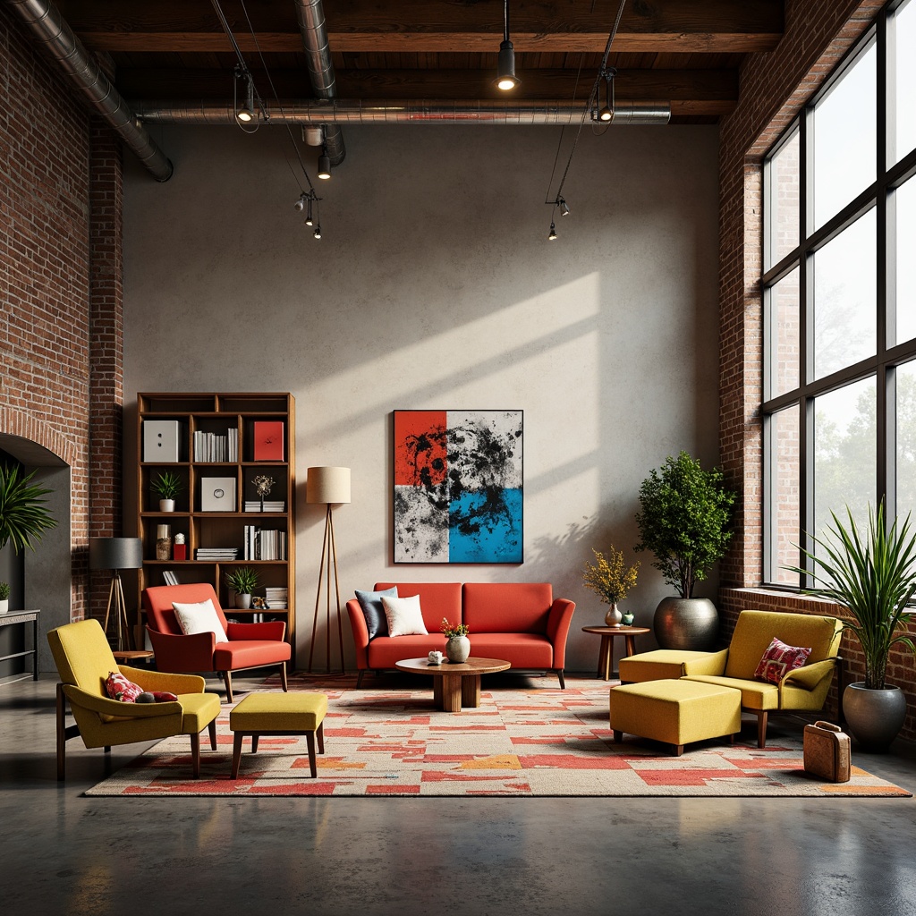 Prompt: Vibrant art studio, eclectic furniture, abstract artwork, bold color blocking, contrasting textures, modern industrial architecture, exposed brick walls, polished concrete floors, reclaimed wood accents, natural light pouring in, soft warm glow, atmospheric mist, shallow depth of field, 1/1 composition, realistic renderings, ambient occlusion.