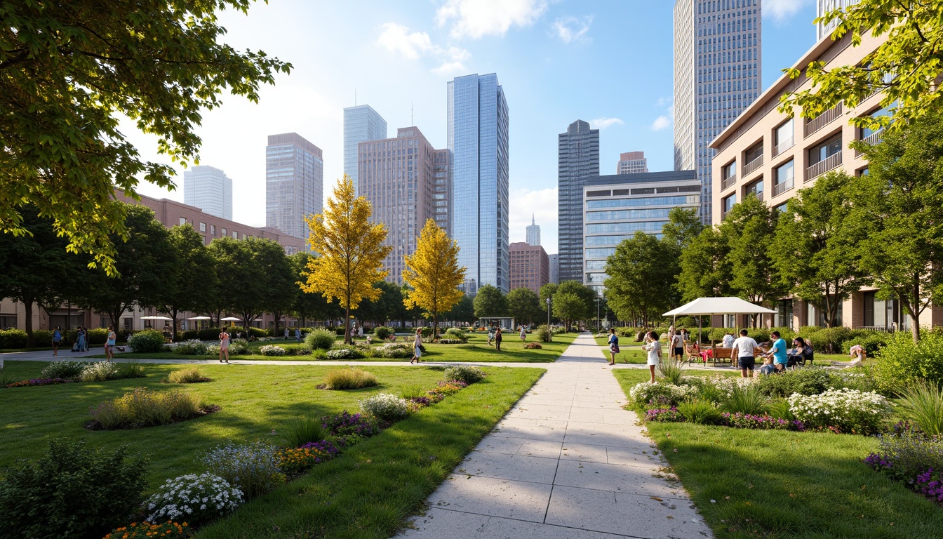 Prompt: Urban park, lush greenery, walking trails, public art installations, vibrant street furniture, modern cityscape, sleek skyscrapers, bustling streets, pedestrian-friendly infrastructure, eco-friendly transportation systems, green roofs, vertical gardens, urban agriculture, community engagement spaces, natural stone pavements, soft warm lighting, shallow depth of field, 3/4 composition, panoramic view, realistic textures, ambient occlusion.