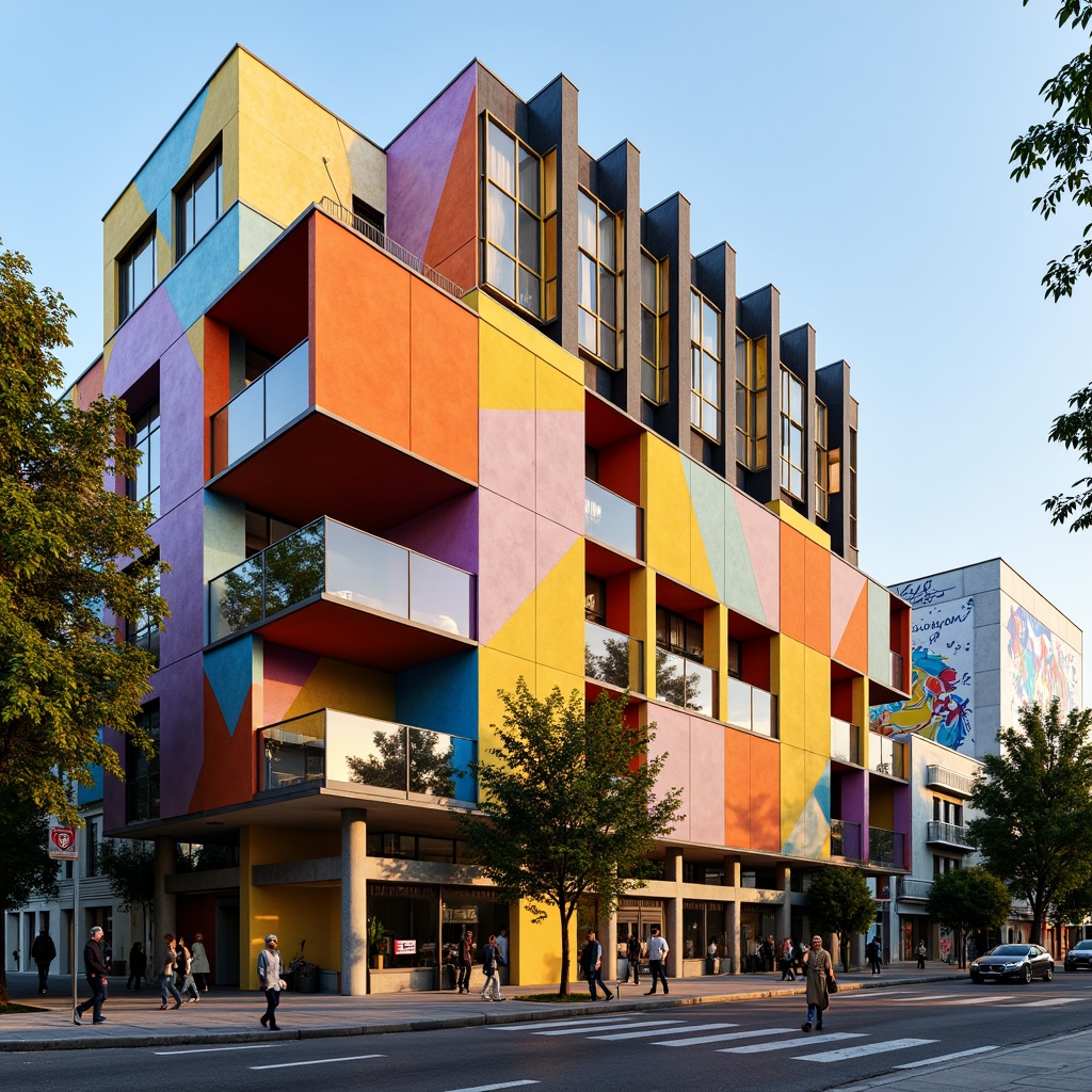 Prompt: Vibrant community center, expressionist facade design, bold geometric shapes, bright primary colors, irregular forms, abstract patterns, dynamic textures, rough concrete walls, angular metal frames, oversized windows, asymmetrical composition, dramatic shadows, warm golden lighting, shallow depth of field, 1/1 composition, realistic materials, ambient occlusion, urban cityscape, bustling streets, pedestrian traffic, street art murals, eclectic neighborhood vibe.