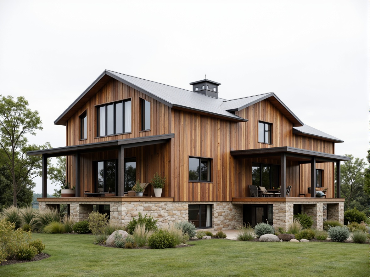 Prompt: Rustic barn, horizontal wooden boards, corrugated metal roofs, modern farmhouse aesthetic, clean lines, minimal ornamentation, large windows, sliding glass doors, natural stone foundations, steel beams, industrial chic accents, reclaimed wood textures, earthy color palette, overcast sky, soft diffused lighting, shallow depth of field, 2/3 composition, symmetrical framing, realistic weathering effects.