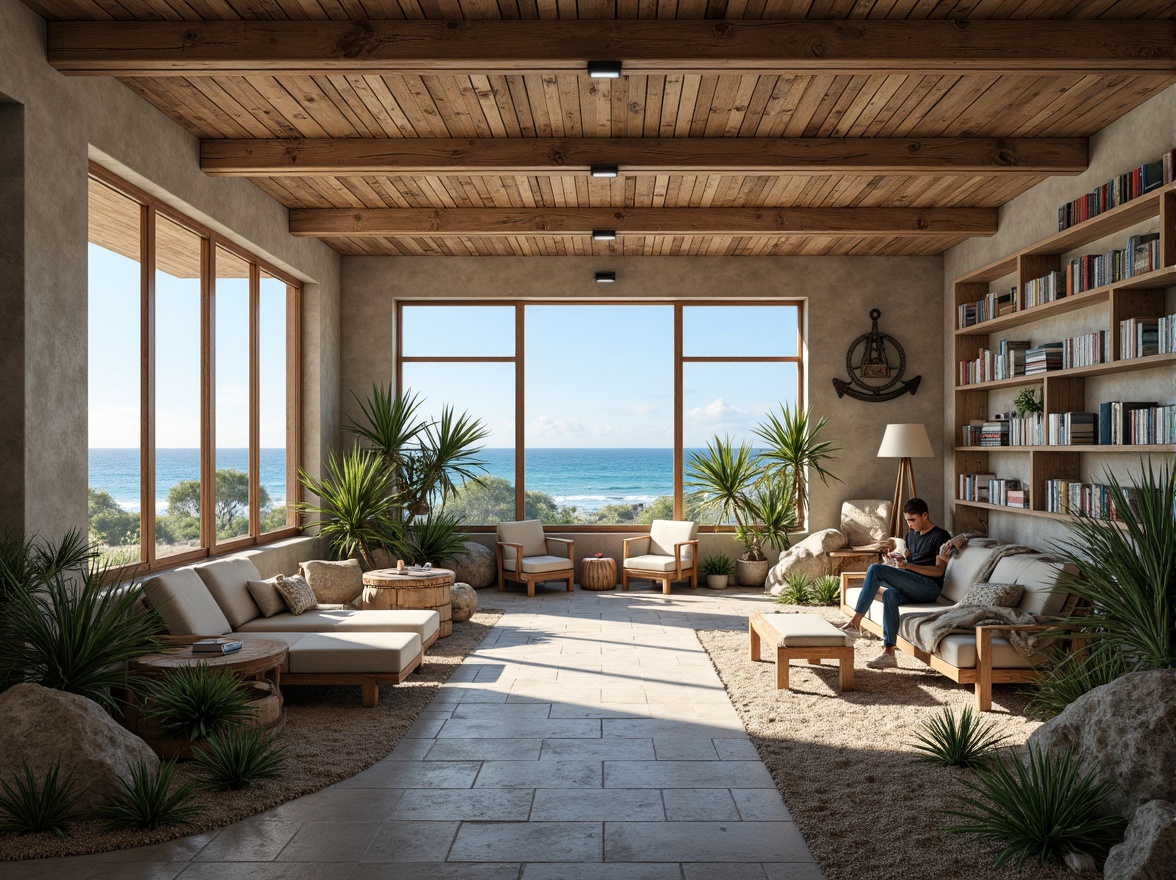 Prompt: Seaside library, driftwood benches, weathered stone walls, coastal vegetation, succulent plants, sandy pathways, ocean views, large windows, natural light, minimalist decor, nautical accents, wooden shelves, book nooks, reading areas, comfortable seating, soft blue lighting, shallow depth of field, 1/1 composition, panoramic view, realistic textures, ambient occlusion.