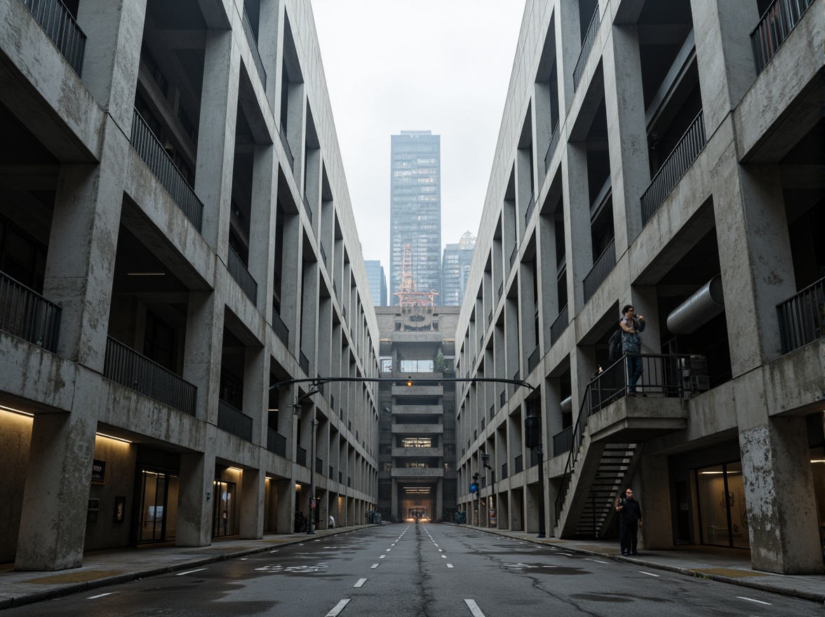 Prompt: Massive concrete forms, brutalist architecture, industrial distribution center, rugged textures, exposed ductwork, raw steel beams, functional minimalism, urban cityscape, overcast skies, dramatic shadows, high-contrast lighting, cinematic composition, symmetrical framing, bold geometric shapes, reinforced materials, utilitarian aesthetic, functional simplicity, mechanized systems, metallic accents, distressed finishes, monumental scale, imposing presence, atmospheric misting.