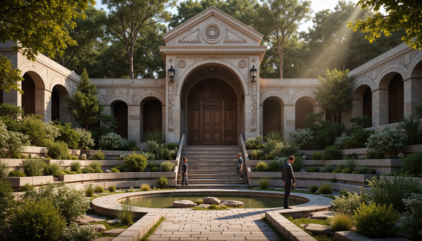 Prompt: Rustic stone amphitheater, Romanesque arches, ornate carvings, grand entrance gates, weathered stone walls, moss-covered steps, lush greenery, vibrant flowers, natural stone seating, curved rows of benches, dramatic spotlights, warm golden lighting, shallow depth of field, 1/2 composition, symmetrical framing, realistic textures, ambient occlusion.