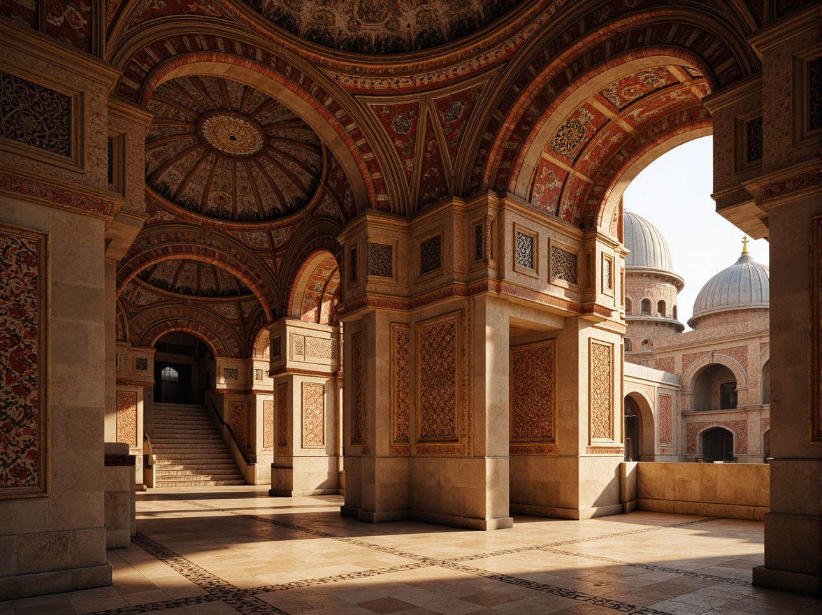 Prompt: Intricate Byzantine architecture, ornate brick facades, richly textured stone walls, grand arches, domed structures, vibrant mosaic patterns, warm golden lighting, soft atmospheric effects, shallow depth of field, 1/1 composition, realistic textures, ambient occlusion.