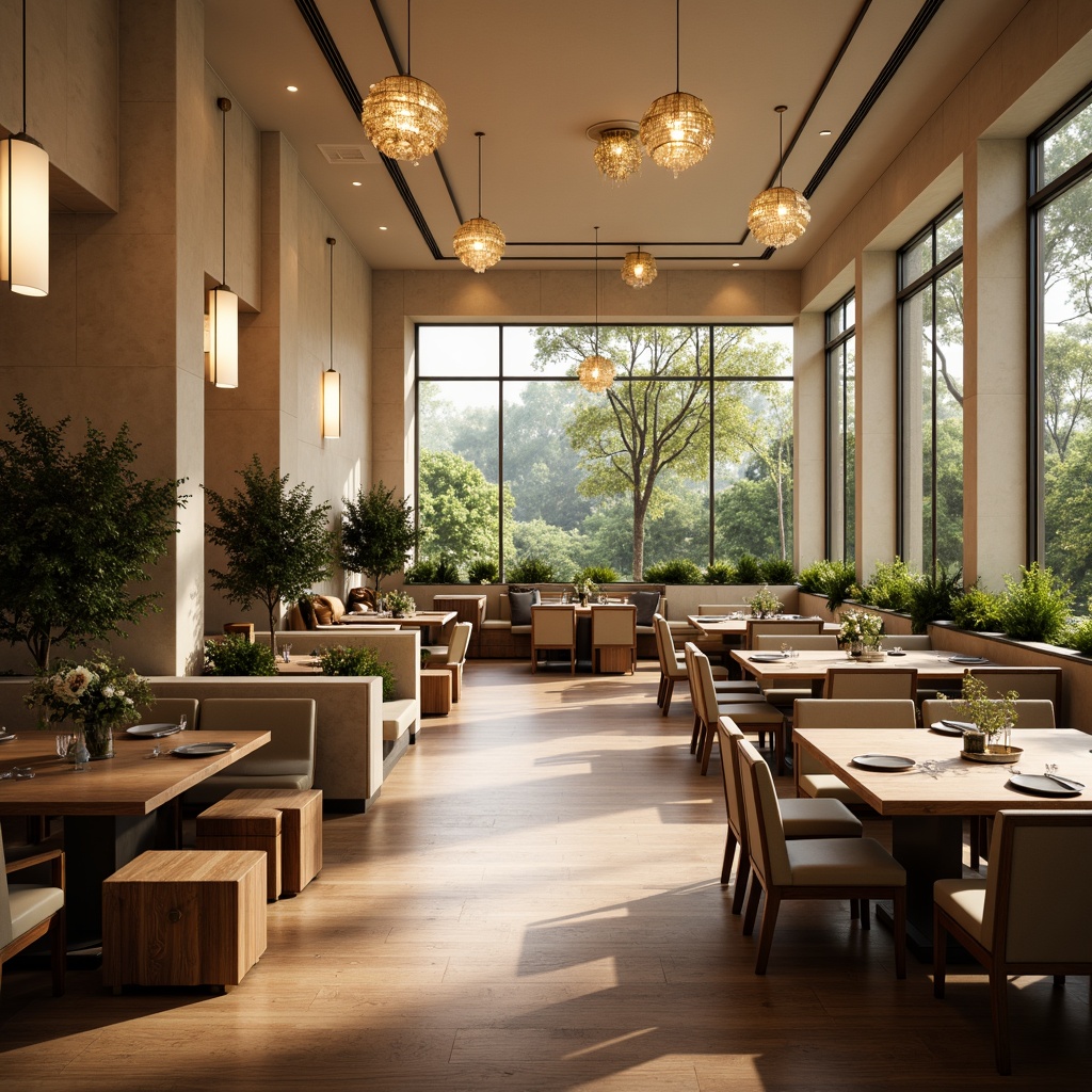 Prompt: Spacious dining hall, elegant chandeliers, polished wooden floors, comfortable seating areas, rectangular tables, upholstered chairs, decorative centerpieces, warm ambient lighting, soft cream colors, modern minimalist decor, floor-to-ceiling windows, natural daylight, lush greenery views, subtle textures, 1/2 composition, shallow depth of field, realistic reflections.