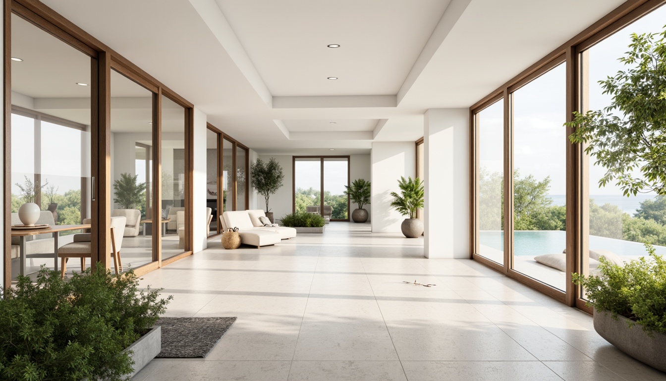 Prompt: Simple white walls, large windows, sliding glass doors, natural stone floors, minimal ornamentation, clean lines, monochromatic color scheme, abundant natural light, bright airy atmosphere, sparse greenery, potted plants, wooden accents, subtle textures, soft warm lighting, shallow depth of field, 3/4 composition, panoramic view, realistic reflections, ambient occlusion.