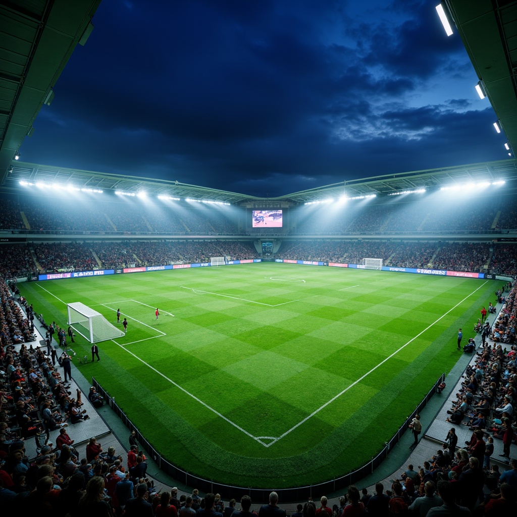 Prompt: Floodlit soccer stadium, vibrant green grass, evening atmosphere, dramatic shadows, high-intensity LED lights, uniform illumination, 3000K warm white tone, glare-free lighting, spectator seating areas, player tunnels, goalposts, scoreboards, giant video screens, dynamic light shows, pre-game entertainment, halftime performances, nighttime events, atmospheric fog effects, misty ambiance, shallow depth of field, 1/2 composition, wide-angle lens, realistic textures, ambient occlusion.