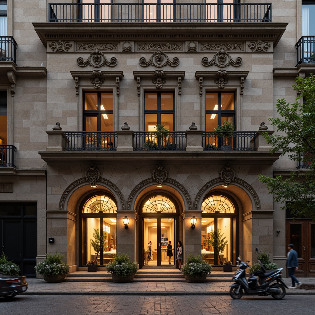 Prompt: Ornate bank facade, grandiose entrance, intricately carved stonework, ornamental columns, rusticated base, arched windows, decorative balconies, wrought iron railings, lavish moldings, richly textured stone walls, subtle color palette, warm golden lighting, soft focus, shallow depth of field, 1/2 composition, symmetrical framing, realistic textures, ambient occlusion.