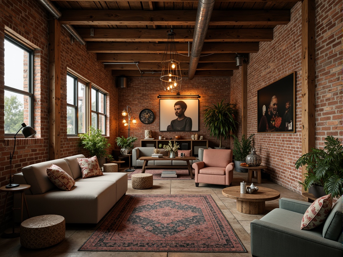 Prompt: Warm industrial loft, exposed brick walls, wooden beams, metal accents, soft warm lighting, cozy atmosphere, romantic ambiance, rich earthy tones, muted pastel hues, distressed wood textures, vintage decorative items, plush velvet fabrics, ornate metal fixtures, dimmable pendant lamps, eclectic artwork, natural stone flooring, reclaimed wood furniture, intimate seating areas, dramatic drapery, moody color palette, warm beige tones, soft peach accents, dusty rose undertones, muted sage greens, weathered copper details.