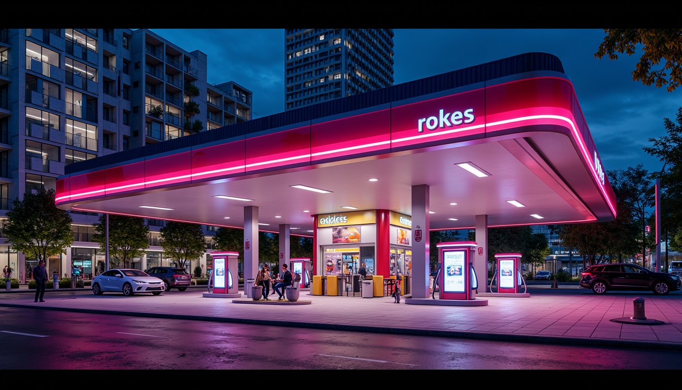 Prompt: Vibrant gas station, bold color scheme, neon lights, futuristic architecture, sleek metal canopies, angular lines, modern fuel pumps, LED signage, dynamic digital displays, urban cityscape, busy streets, night scene, dramatic shadows, high-contrast lighting, 1/1 composition, shallow depth of field, realistic textures, ambient occlusion.