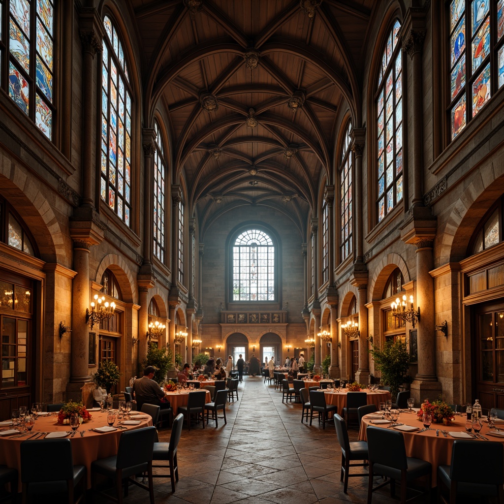 Prompt: Grand dining hall, ornate columns, rustic stone walls, vaulted ceilings, stained glass windows, warm candlelight, rich wood furnishings, elegant chandeliers, lavish textiles, intricate carvings, medieval-inspired architecture, robust archways, imposing pillars, dramatic verticality, atmospheric misting, soft warm lighting, 1/1 composition, realistic textures, ambient occlusion.