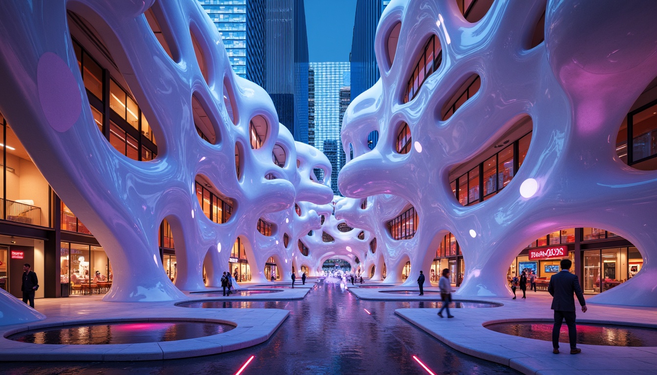 Prompt: Organic blob-shaped buildings, futuristic architecture, iridescent colors, glossy finishes, undulating curves, parametric design, algorithmic patterns, LED lighting installations, neon accents, translucent materials, 3D-printed components, cantilevered structures, asymmetrical compositions, reflective surfaces, misty atmospheric effects, shallow depth of field, 1/1 composition, cinematic lighting, vibrant color grading, high-tech ambiance.