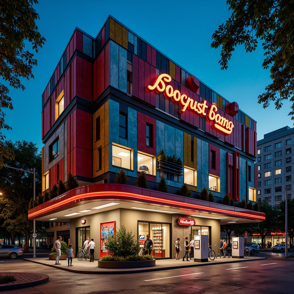 Prompt: Vibrant gas station, eclectic facade design, bold color scheme, irregular shapes, mixed materials, industrial pipes, neon signs, retro-futuristic elements, distressed textures, urban landscape, busy streets, city lights, dramatic night lighting, high-contrast shadows, dynamic composition, 1/2 format, cinematic atmosphere, realistic reflections.