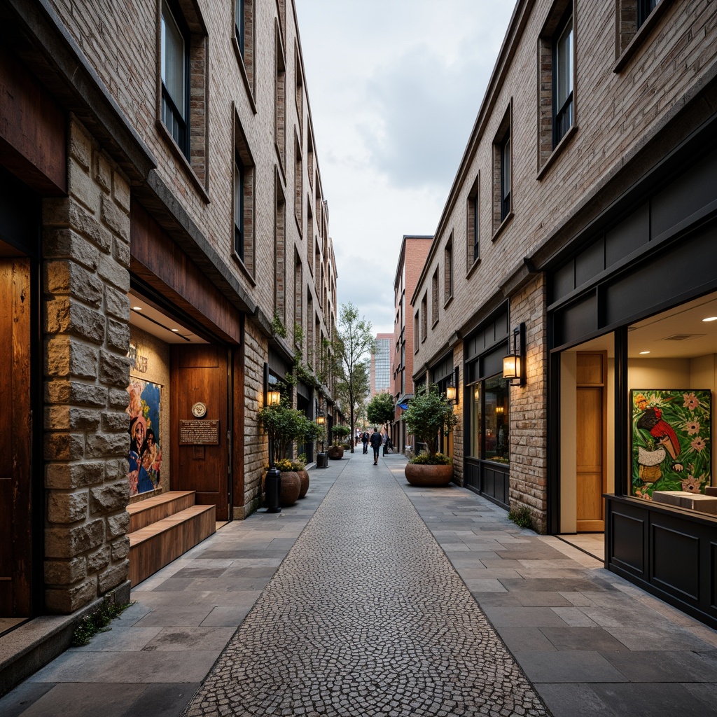 Prompt: Rough stone walls, weathered wooden planks, rusty metal cladding, smooth concrete floors, intricate tile patterns, vibrant colorful murals, natural brick facades, ornate stucco details, distressed finishes, industrial chic aesthetic, urban cityscape, cloudy grey sky, dramatic spotlighting, high contrast shadows, 1/1 composition, symmetrical framing, realistic material textures, ambient occlusion.