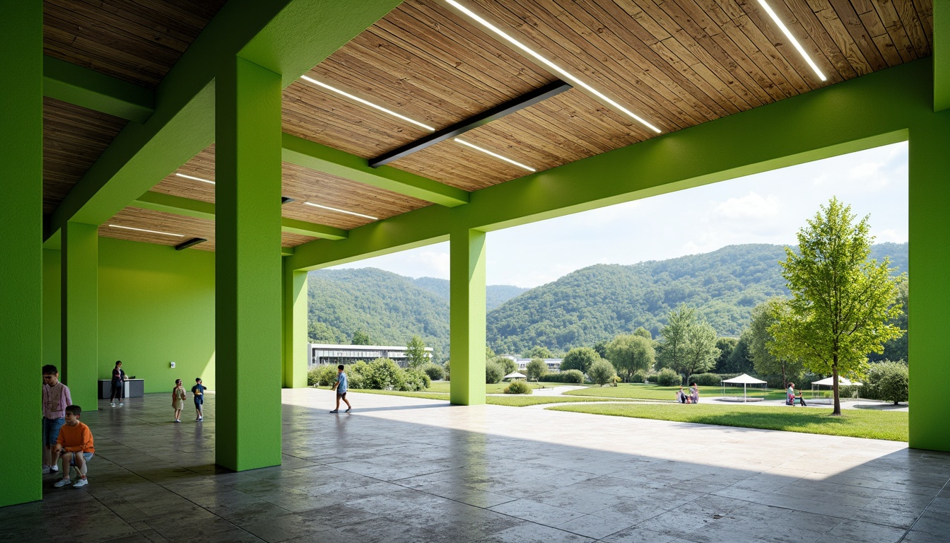 Prompt: Vibrant gymnasium interior, lush green walls, natural stone flooring, wooden accents, floor-to-ceiling windows, abundant daylight, panoramic views, outdoor landscape integration, rolling hills, verdant meadows, serene water features, walking trails, athletic tracks, sports equipment, modern architecture, minimalist design, eco-friendly materials, sustainable energy solutions, solar panels, shaded outdoor spaces, misting systems, realistic textures, ambient occlusion, shallow depth of field, 3/4 composition.