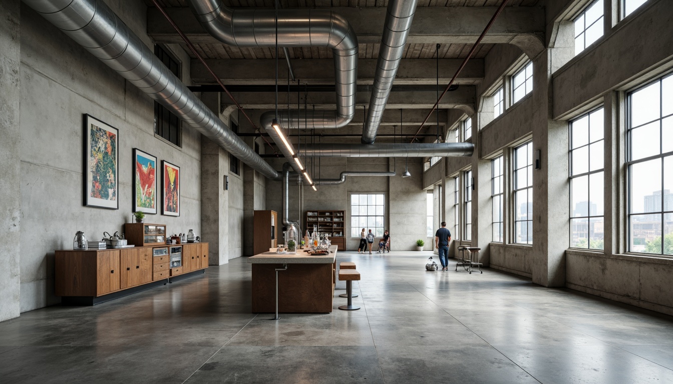 Prompt: Raw concrete walls, exposed ductwork, industrial pipes, metallic beams, brutalist architecture, laboratory equipment, scientific instruments, minimalist decor, functional design, neutral color palette, cold harsh lighting, high ceilings, open spaces, urban landscape, cityscape views, abstract art installations, geometric patterns, distressed textures, rough finishes, industrial chic aesthetic, 1/1 composition, dramatic shadows, high contrast ratio.