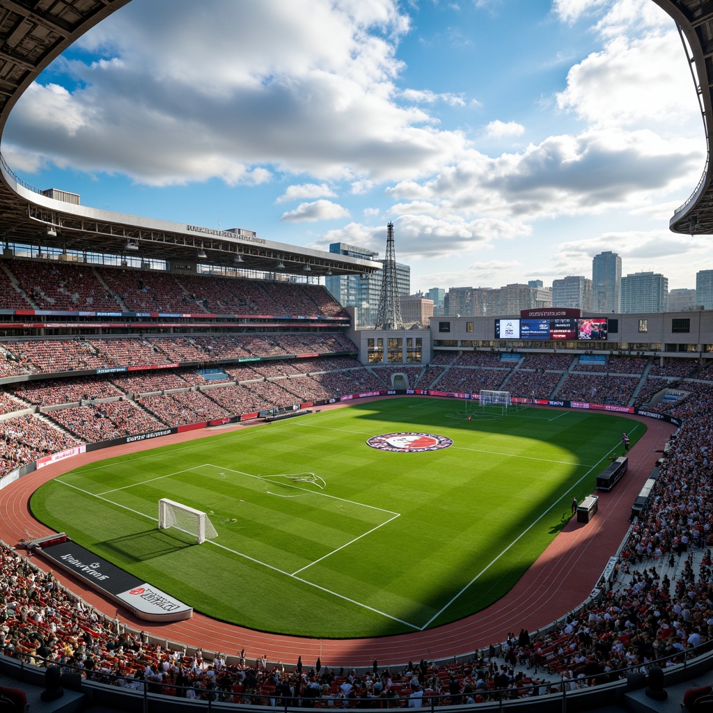 Prompt: Panoramic football stadium, lush green grass, vibrant team colors, tiered seating, floodlights, scoreboard displays, athletic tracks, natural stone fa\u00e7ades, modern architecture, curved lines, cantilevered roofs, open-air concourses, urban cityscape, sunny day, dramatic cloud formations, shallow depth of field, 3/4 composition, realistic textures, ambient occlusion.