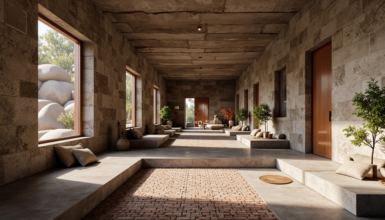 Prompt: Rough stone walls, weathered wooden planks, rusty metal accents, smooth concrete floors, intricate brick patterns, ornate tile mosaics, natural rock formations, earthy color palette, organic shapes, curved lines, modern minimalist aesthetic, abundant natural light, soft warm glow, shallow depth of field, 1/1 composition, realistic textures, ambient occlusion.