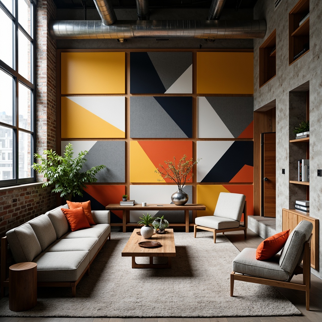 Prompt: Geometric patterned fabrics, bold color blocking, abstract shapes, textured weaves, industrial materials, metallic accents, minimalist decor, functional furniture, urban loft atmosphere, exposed ductwork, polished concrete floors, reclaimed wood accents, natural light pouring in, dramatic shadows, high contrast lighting, 1/1 composition, symmetrical framing, modernist aesthetic, brutalist influences.