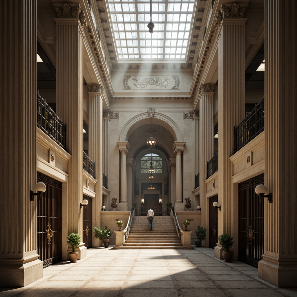 Prompt: Grand courthouse entrance, imposing stone columns, ornate metal gates, symmetrical fa\u00e7ade, high ceilings, grand staircases, polished marble floors, intricate moldings, natural light pouring through clerestory windows, warm soft lighting, subtle shadows, dramatic spotlights, 1/1 composition, realistic textures, ambient occlusion, morning sunlight, subtle color grading.