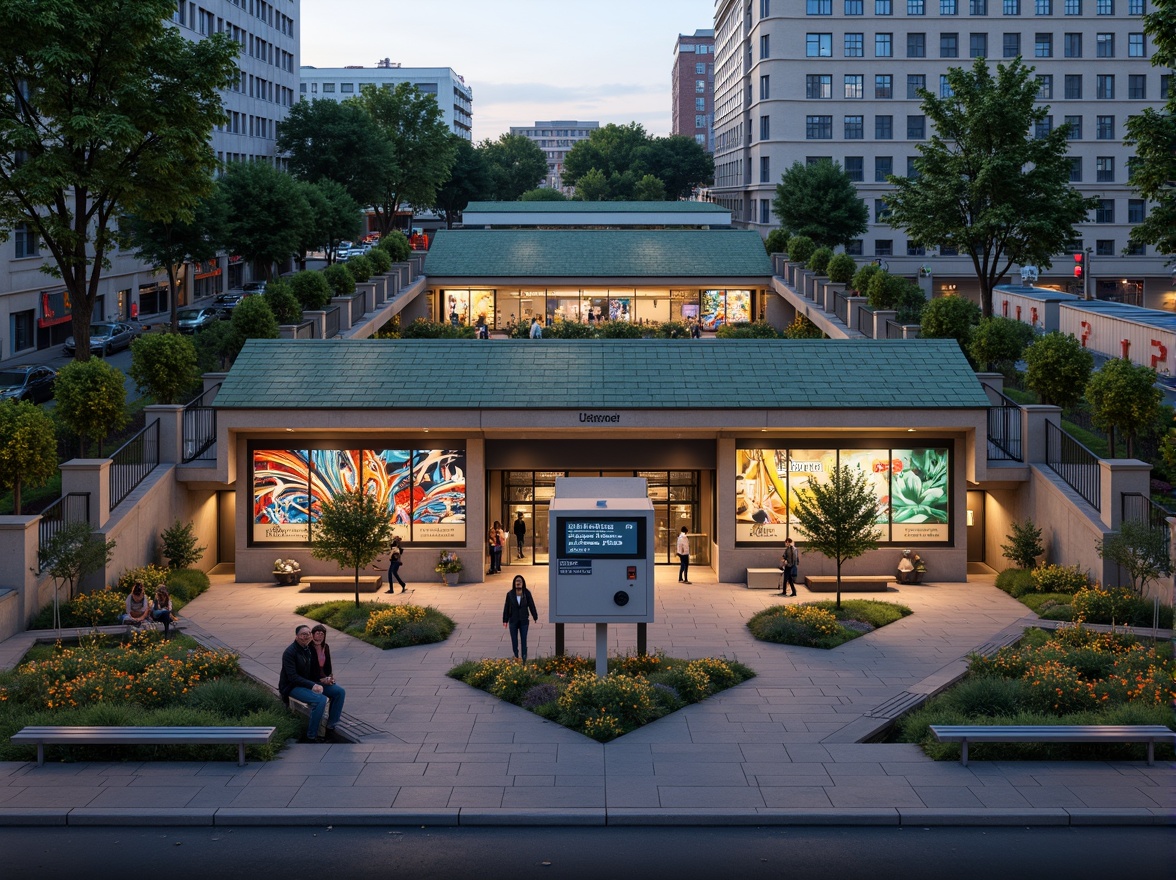 Prompt: Urban metro station, bustling city streets, vibrant street art, modern transportation hub, green roofs, lush vegetation, flowering plants, pedestrian walkways, bike lanes, public seating areas, urban furniture, stainless steel railings, LED lighting, evening ambiance, shallow depth of field, 1/2 composition, realistic textures, ambient occlusion.