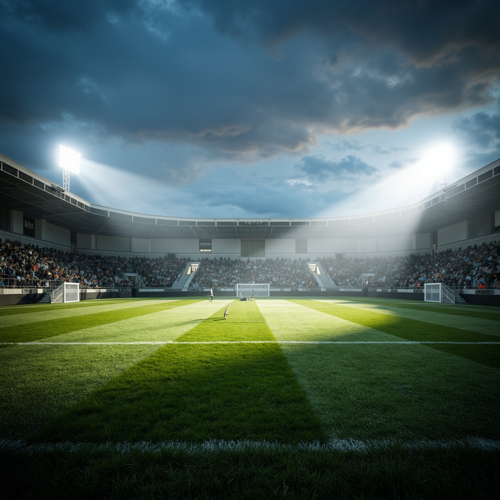 Prompt: Stadium atmosphere, lush green grass, athletic tracks, sports equipment, goalposts, floodlights, LED lighting, warm white tones, high-contrast shadows, dramatic spotlighting, misty evening air, soft focus, shallow depth of field, 1/2 composition, wide-angle lens, realistic textures, ambient occlusion.