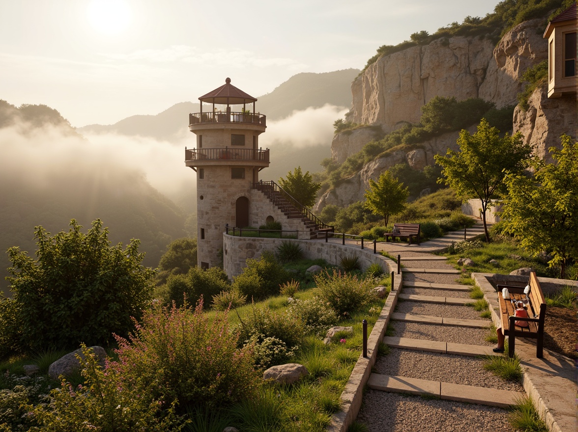 Prompt: Rustic sandstone watching tower, winding stone staircases, lush greenery, vibrant wildflowers, meandering gravel paths, natural rock formations, weathered wooden benches, scenic lookout points, panoramic views, warm golden lighting, soft focus, shallow depth of field, 2/3 composition, atmospheric mist, realistic textures, ambient occlusion.