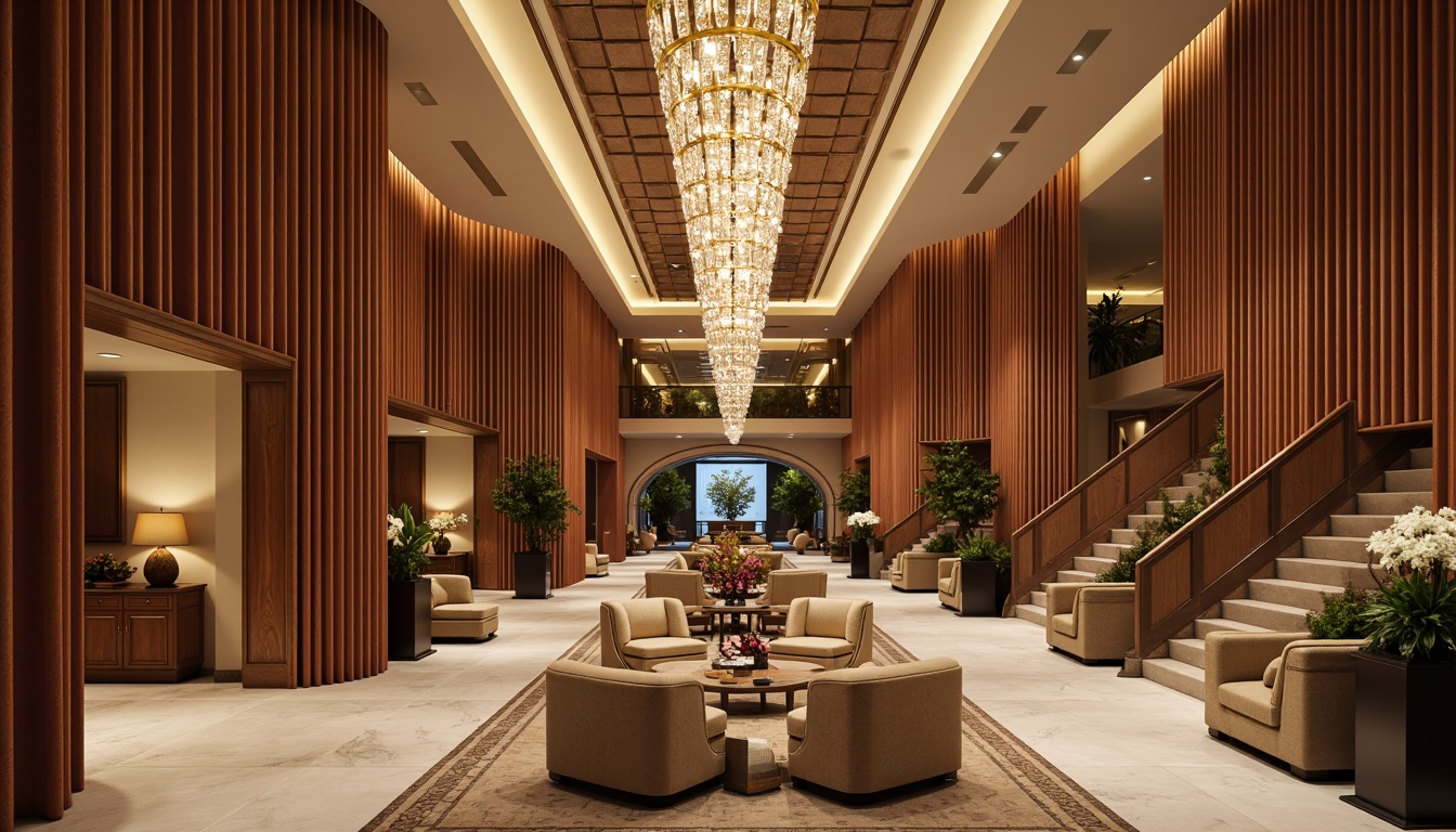 Prompt: Luxurious hotel lobby, rich wood tones, ornate furnishings, velvet drapes, golden accents, crystal chandeliers, marble floors, soft warm lighting, elegant archways, grand staircases, refined classicism style, muted earthy colors, beige walls, cream ceilings, dark wood paneling, subtle patterned carpets, sophisticated ambiance, warm inviting atmosphere, 1/1 composition, shallow depth of field, realistic textures.