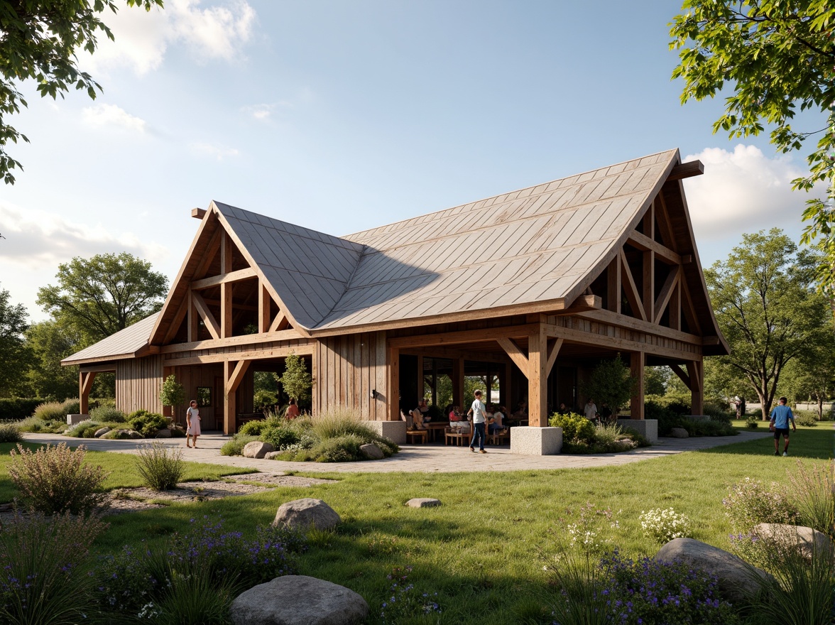 Prompt: Rustic barn, reclaimed wood, earthy tones, natural materials, weathered metal roofs, wooden beams, stone foundations, lush greenery, wildflowers, sunny day, soft warm lighting, shallow depth of field, 3/4 composition, panoramic view, realistic textures, ambient occlusion, eco-friendly design, sustainable building practices, rainwater harvesting systems, solar panels, wind turbines, composting toilets, recycled materials, low-carbon footprint, organic farm-to-table concept.