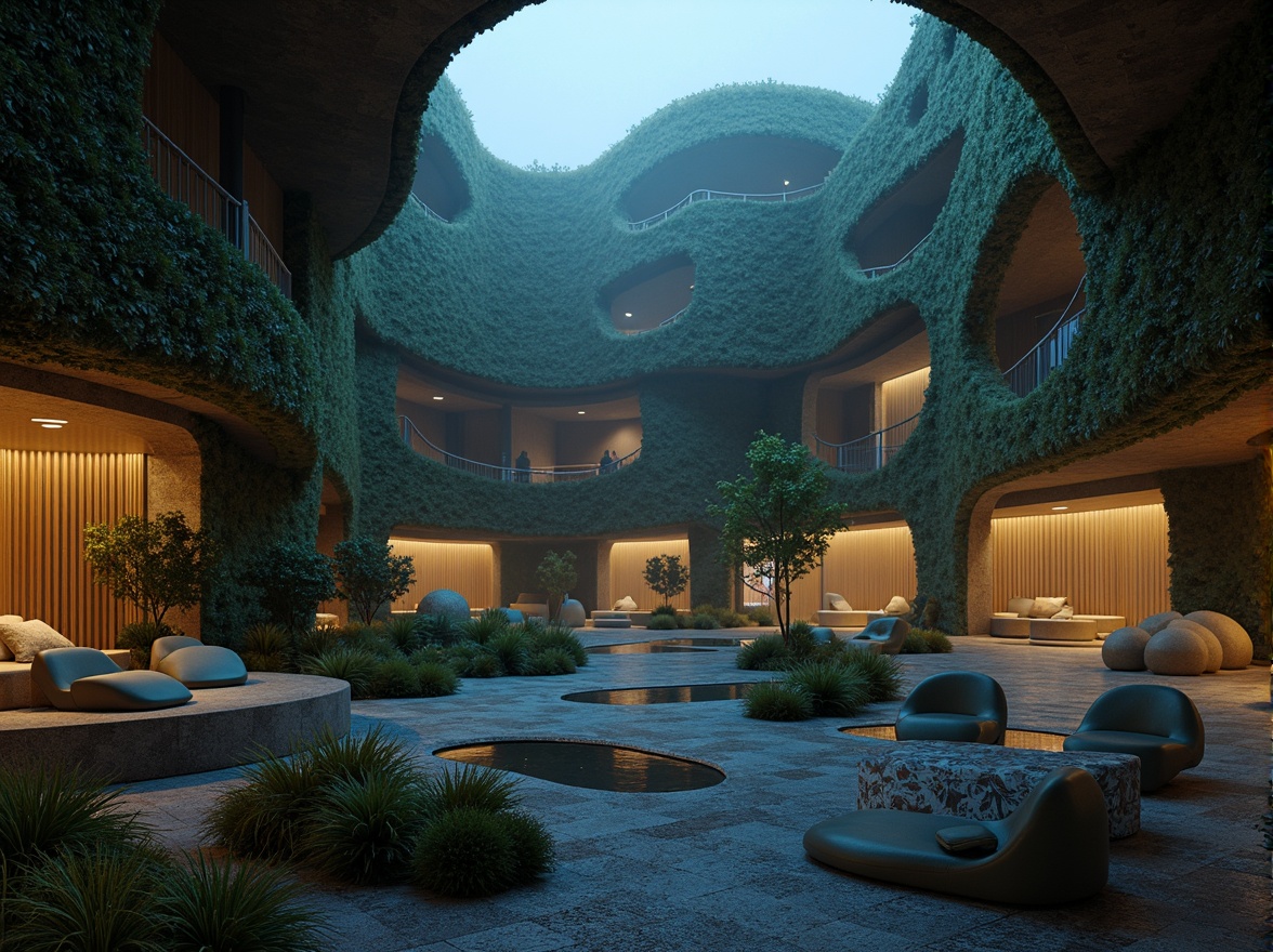 Prompt: Curved blob-like structures, irregular shapes, amoeba-inspired forms, soft rounded edges, fluidic architecture, natural materials, earthy tones, moss-covered walls, wooden accents, organic textures, wavy lines, abstract patterns, futuristic ambiance, neon-lit nighttime scene, misty atmosphere, shallow depth of field, 1/1 composition, cinematic lighting, realistic renderings, ambient occlusion.