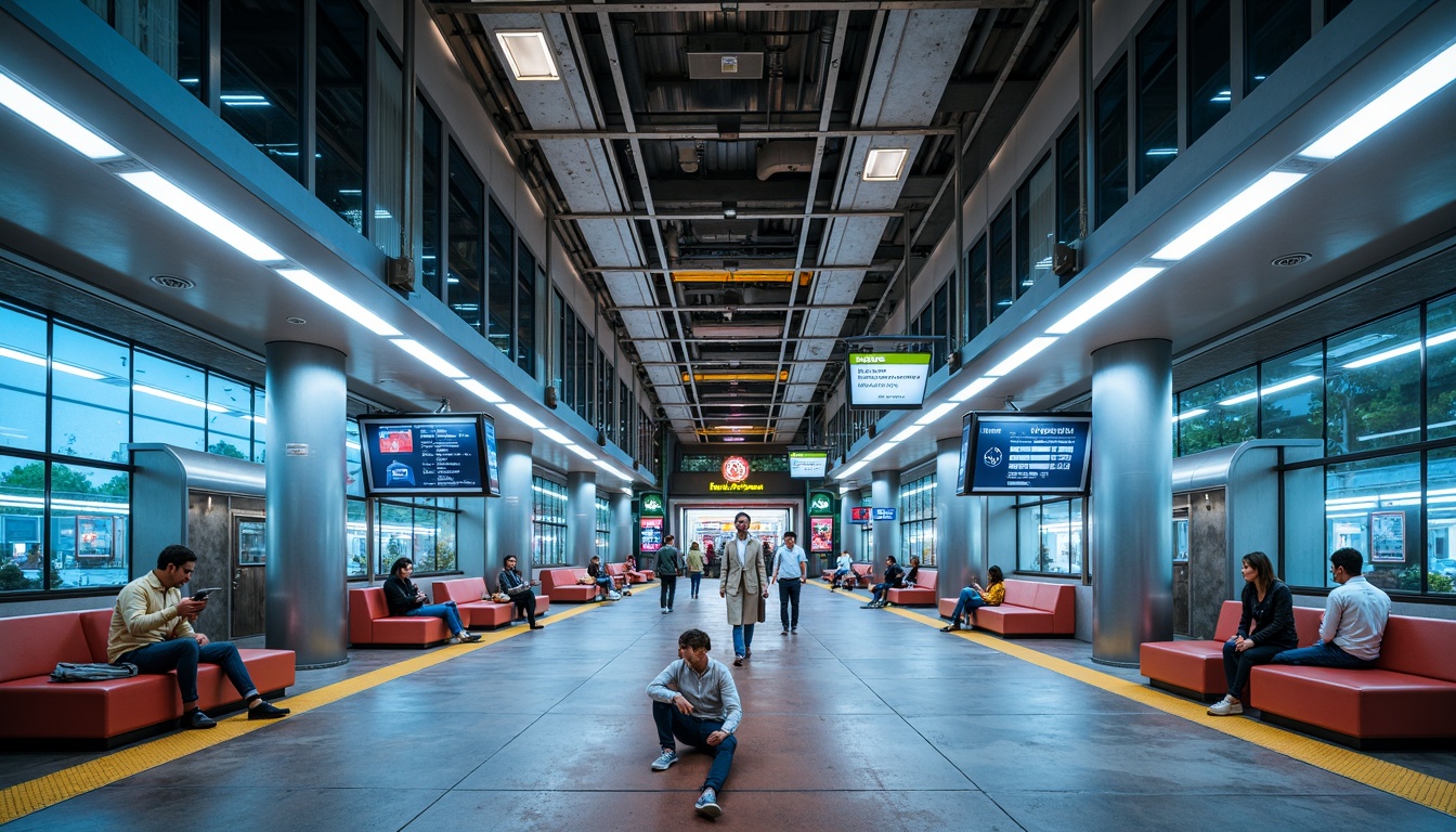 Prompt: Modern metro station interior, sleek glass walls, stainless steel handrails, bright LED lighting, spacious platforms, comfortable seating areas, vibrant color schemes, geometric patterned floors, futuristic digital displays, real-time information boards, efficient wayfinding systems, convenient retail spaces, natural stone accents, minimalist architectural design, high ceilings, airy atmosphere, shallow depth of field, 1/1 composition, realistic textures, ambient occlusion.