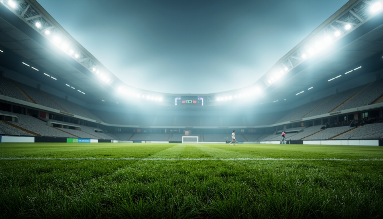 Prompt: Stadium atmosphere, lush green grass, athletic tracks, sports equipment, goalposts, floodlights, LED lighting, warm white tones, high-contrast shadows, dramatic spotlighting, misty evening air, soft focus, shallow depth of field, 1/2 composition, wide-angle lens, realistic textures, ambient occlusion.