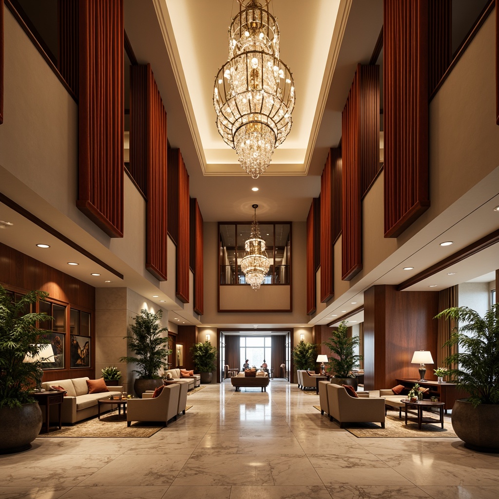 Prompt: Luxurious hotel lobby, rich wood tones, ornate furnishings, velvet drapes, golden accents, crystal chandeliers, marble floors, soft warm lighting, elegant archways, grand staircases, refined classicism style, muted earthy colors, beige walls, cream ceilings, dark wood paneling, subtle patterned carpets, sophisticated ambiance, warm inviting atmosphere, 1/1 composition, shallow depth of field, realistic textures.