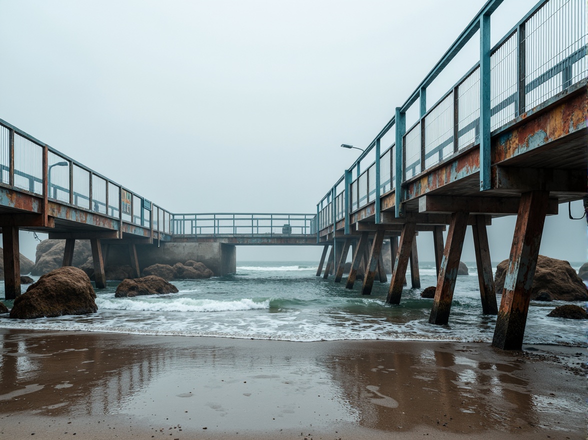 Prompt: Weathered steel bridges, rustic wooden piers, ocean-inspired railings, driftwood accents, sea-salted concrete foundations, coral-patterned stonework, misty morning light, soft ocean breeze, gentle wave movements, sandy beach approaches, rocky shoreline surroundings, nautical-themed signage, distressed metal textures, ocean-blue glass railings, curved structural lines, minimalist modern architecture, functional lighting systems, shallow water reflections, 1/2 composition, atmospheric perspective.