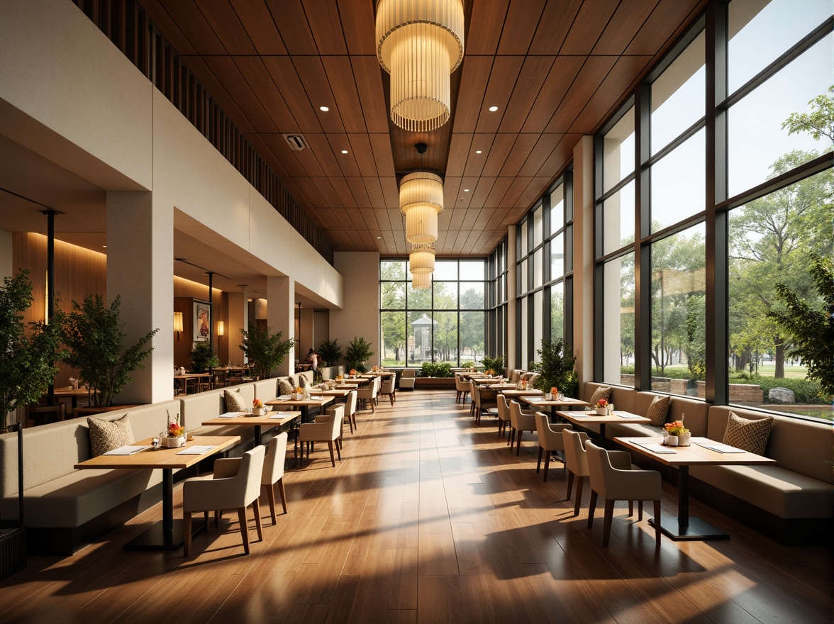 Prompt: Spacious dining hall, elegant chandeliers, polished wooden floors, comfortable seating areas, rectangular tables, upholstered chairs, decorative centerpieces, warm ambient lighting, soft cream colors, modern minimalist decor, floor-to-ceiling windows, natural daylight, lush greenery views, subtle textures, 1/2 composition, shallow depth of field, realistic reflections.