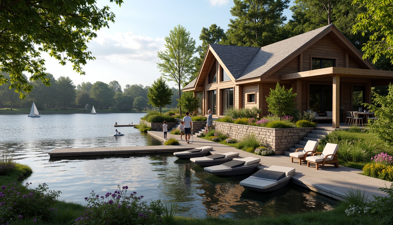 Prompt: Waterfront boathouse, rustic wooden dock, serene lake scenery, lush greenery, vibrant flowers, natural stone walls, wooden accents, nautical decorations, sailboats, kayaks, paddleboards, tranquil atmosphere, warm sunny day, soft diffused lighting, shallow depth of field, 3/4 composition, panoramic view, realistic textures, ambient occlusion.