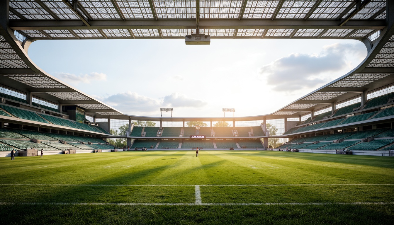 Prompt: Large sports stadium, retractable roof, transparent glass panels, natural light pouring in, vibrant green grass, athletic tracks, modern architecture, sleek lines, minimalist design, cantilevered upper decks, open-air concourses, panoramic views, soft warm lighting, shallow depth of field, 3/4 composition, realistic textures, ambient occlusion.