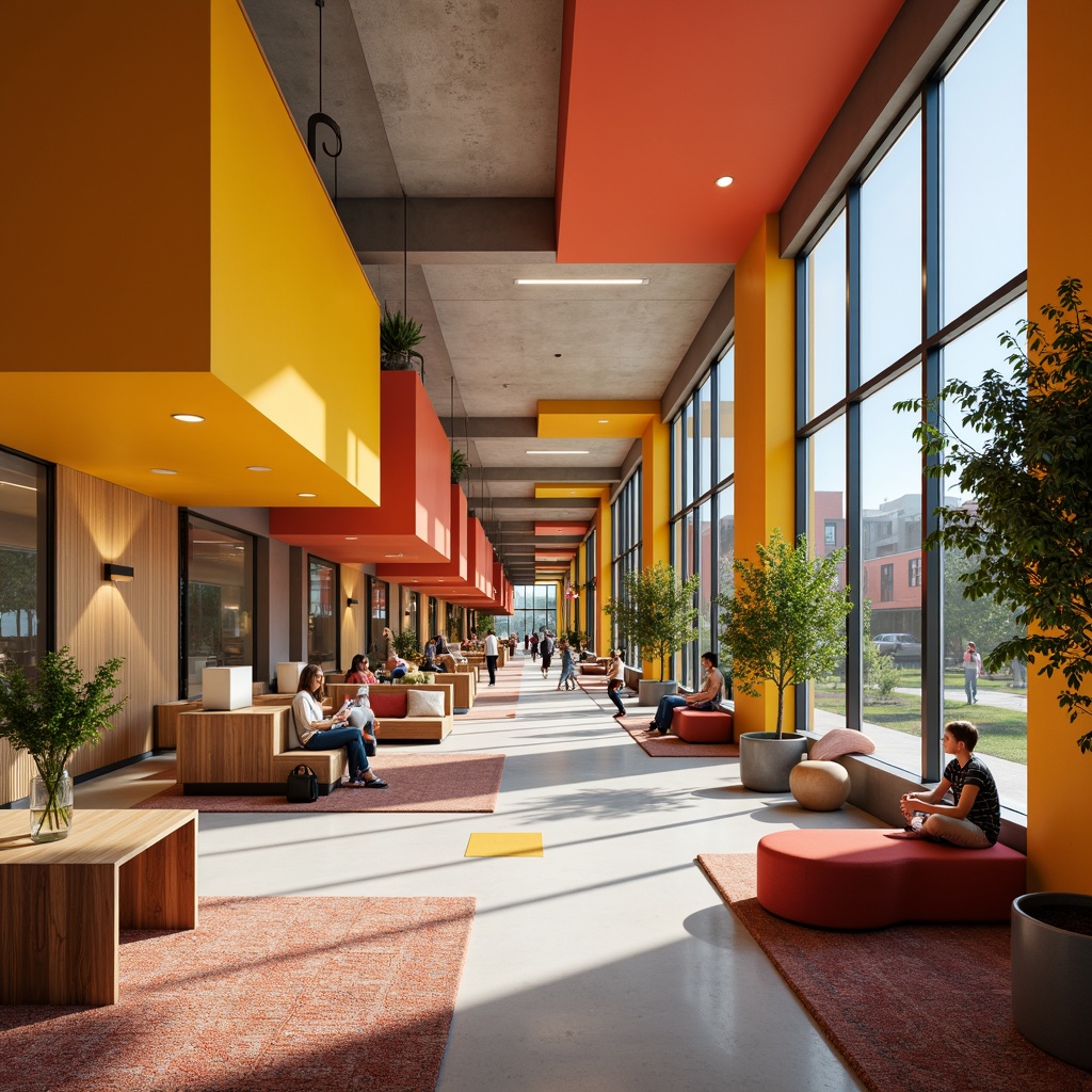 Prompt: Vibrant student halls, modern architectural design, bold color scheme, energetic atmosphere, youthful vibe, bright corridors, lively common areas, cozy study nooks, warm lighting, comfortable furniture, natural wood accents, calming greenery, playful patterns, geometric shapes, contrasting textures, dynamic visual interest, 3/4 composition, shallow depth of field, realistic rendering.