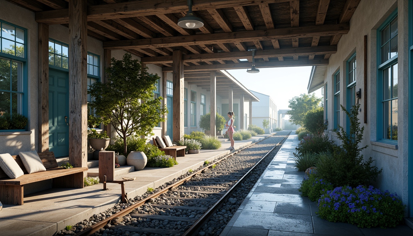 Prompt: Coastal train station, ocean-inspired color scheme, calming blues, soothing whites, weathered wood accents, rusty metal tones, nautical rope details, driftwood textures, sea-salt air, misty mornings, warm sunlight, soft shadows, 1/2 composition, atmospheric perspective, realistic reflections, subtle gradient maps.